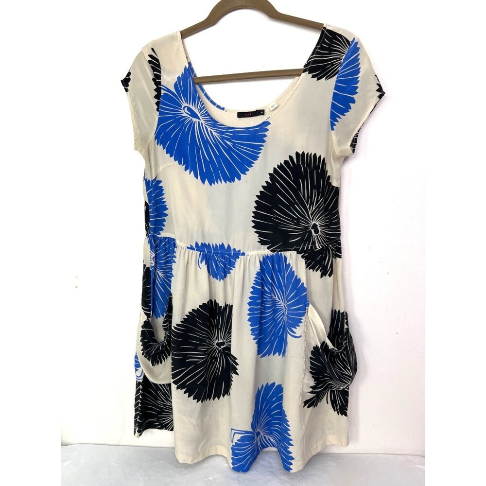Lux Silk Dress Big Floral Print Slouchy Pockets Cap Sleeve Summer M